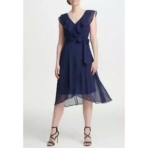 DKNY Dress Navy Blue 6 Short Sleeve W Belt Flowy Career Church Wedding Date